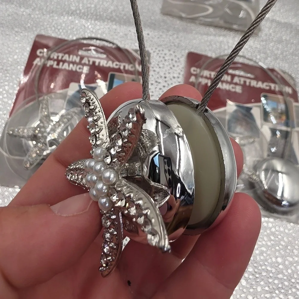 Magnetic Starfish Curtain Tiebacks Set of 3 Silver Rhinestone Pearl Beach O1